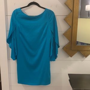 NWTS Milly Aqua silk mini dress. Size 6. Round neck and flutter sleeves.